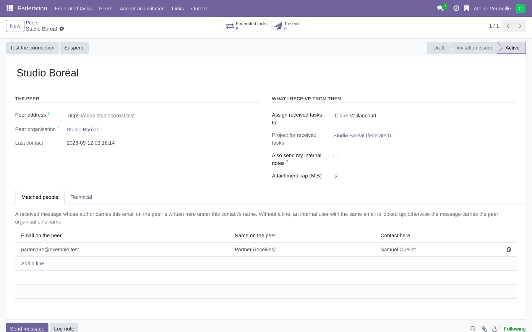 An active peer's record: its address, the person its tasks are assigned to, the project that receives them, whether its internal notes travel, the attachment cap, and the table of matched people.